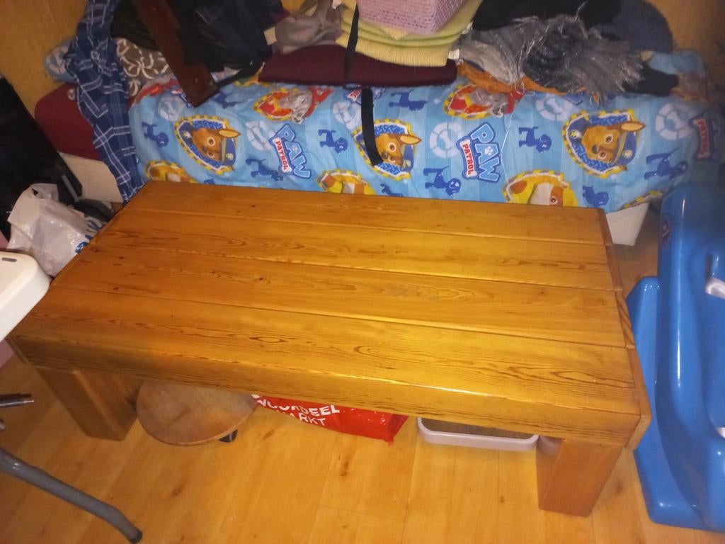 Grenen salontafel met laadjes, Ophalen, Gebruikt, 100 tot 150 cm, 50 tot 100 cm