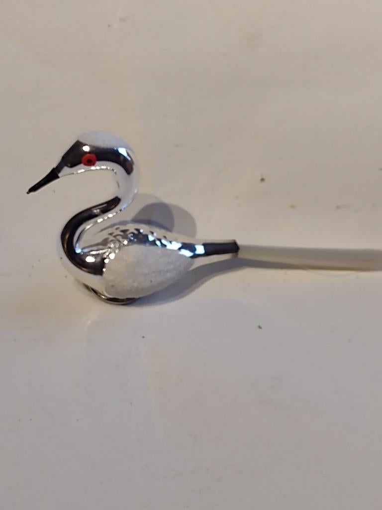 oude kerstbal vogel met engelenhaar staart / L 15 cm zilver, Ophalen, Gebruikt