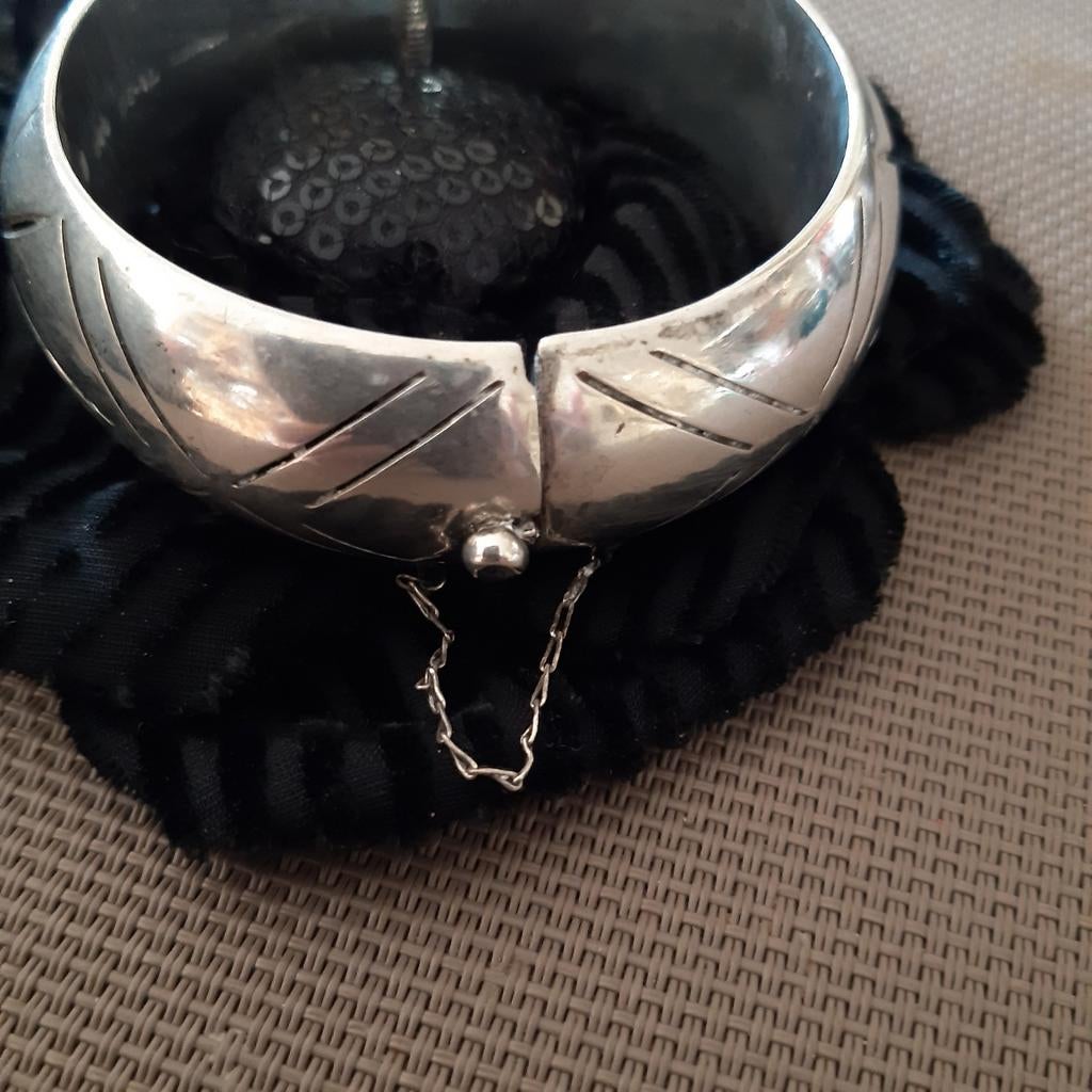 Vintage zilveren Taxco Mexico armband gegraveerde decoratie, Verzenden, Gebruikt, Zilver, Zilver