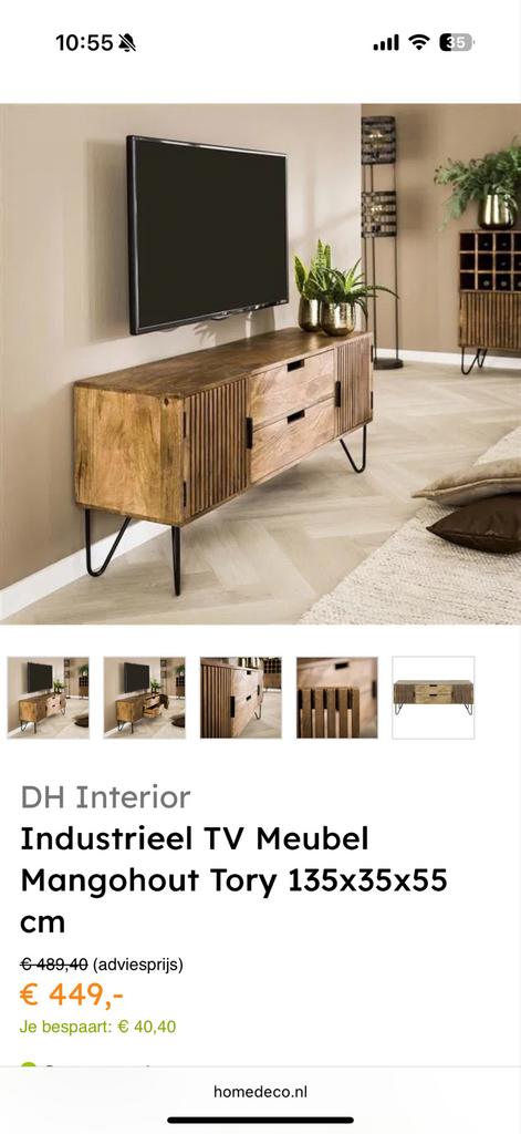 Industrieel TV Meubel Mangohout 135x35x55 cm - Zo goed als n, 100 tot 150 cm, Ophalen of Verzenden, Zo goed als nieuw, Minder dan 100 cm