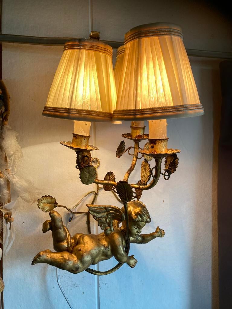 Antieke Italiaanse Barok Wandlamp met gouden Putti, Ophalen of Verzenden