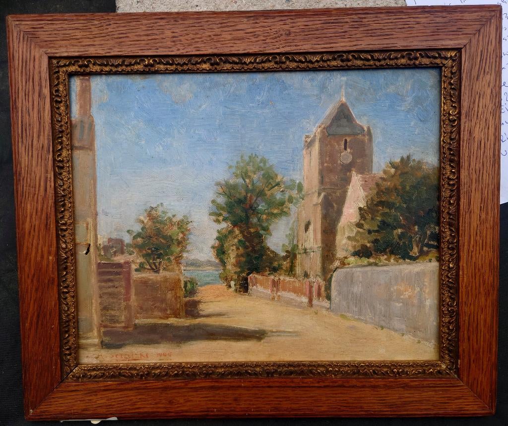 ~1920 Mediterraanse straatje, gesigneerd, olieverf op paneel, Ophalen of Verzenden