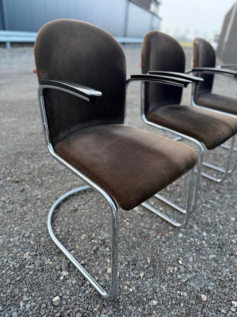 SET van 3 Gispen 413 R buisframe stoelen donkerbruin ribstof, Ophalen