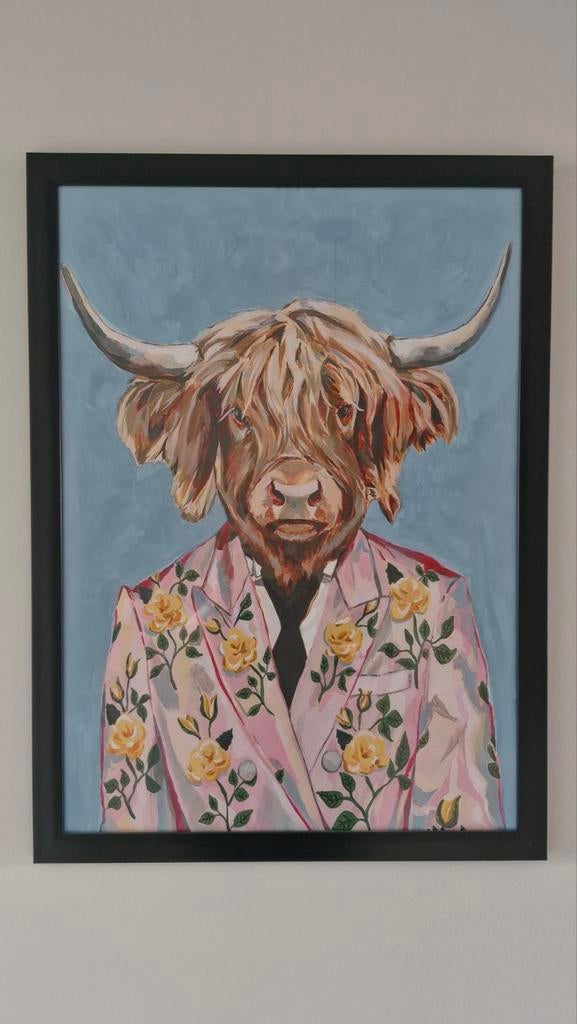 Kleurrijke print van Schotse Hooglander in zwarte lijst, Ophalen, 75 cm of meer, 50 tot 75 cm, Print