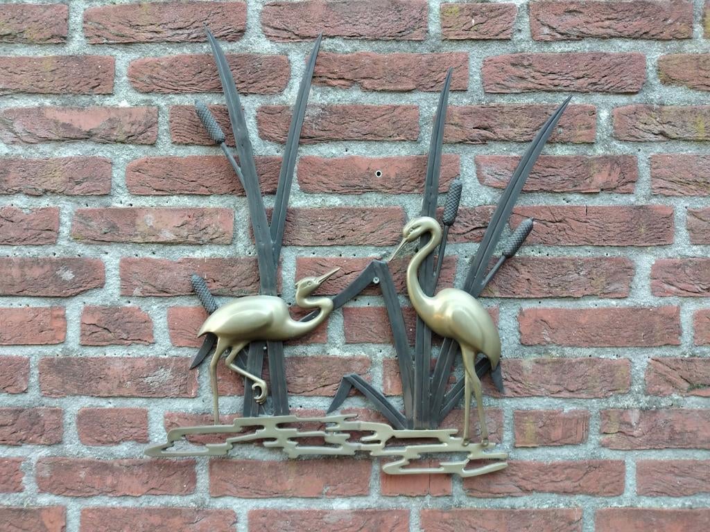Vintage koperen wandsculptuur wanddecoratie van 2 reigers, Ophalen