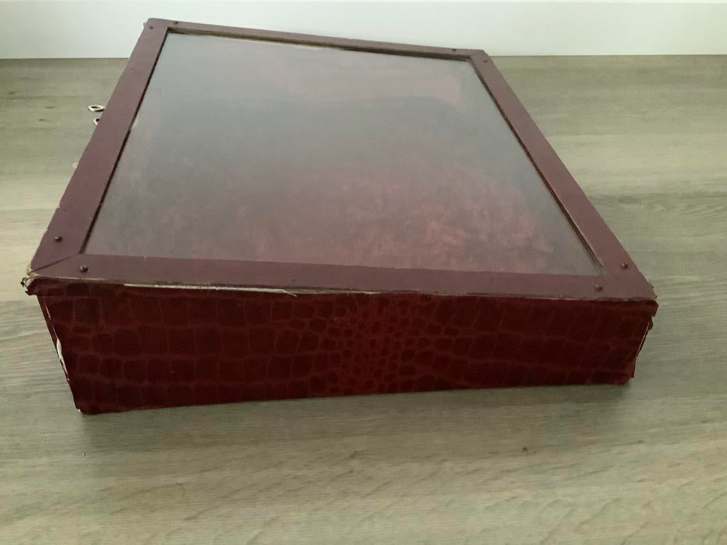 Vintage rode fluwelen displaydoos met glazen deksel, Huis en Inrichting, Kasten | Overige, Gebruikt, Ophalen
