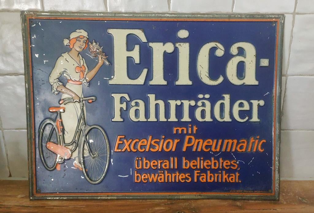 Oud Duits reclame bord Erica rijwielen / fietsen, Verzamelen, Ophalen of Verzenden, Gebruikt, Reclamebord