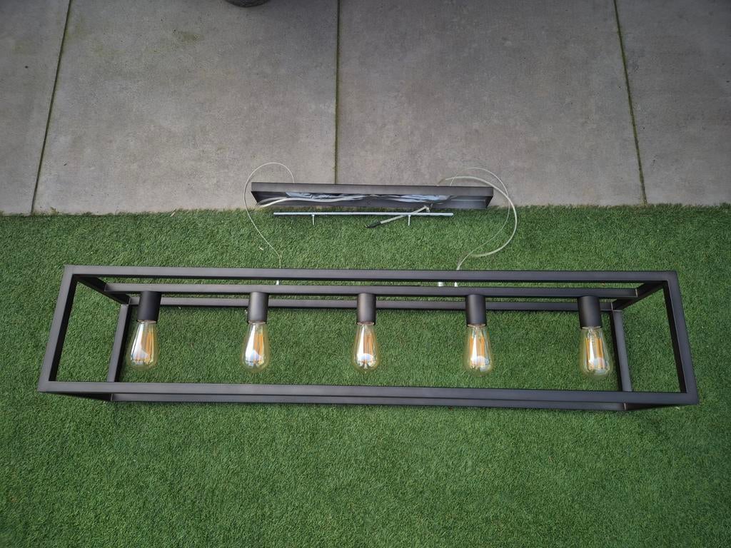 Zwarte Industriële Hanglamp met 5 Edison Lampen, Ophalen, 50 tot 75 cm, Industrieel, Modern, Zo goed als nieuw