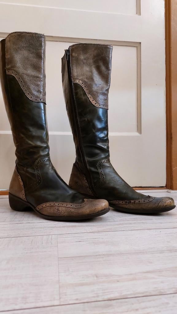 Italiaanse leren laarzen kleur bolmosgroene tint Maat 40, Ophalen of Verzenden, Zo goed als nieuw, Groen, Hoge laarzen