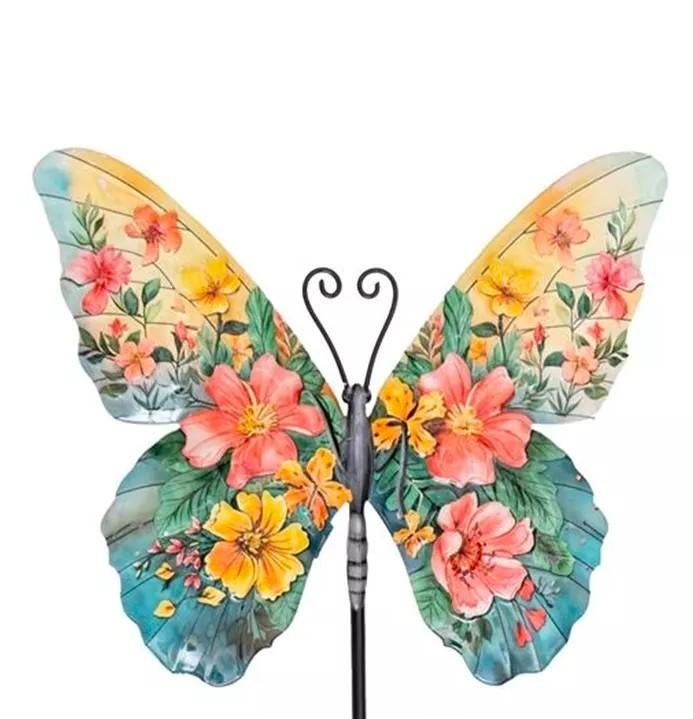 BLOEMEN VLINDER OP STEKER - METAAL, Ophalen of Verzenden, Nieuw