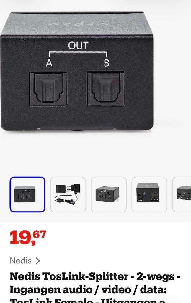 Nedis Digitale Audio Splitter Toslink naar 2 x Toslink, Ophalen of Verzenden, Nieuw, 2 tot 5 meter, Optische kabel