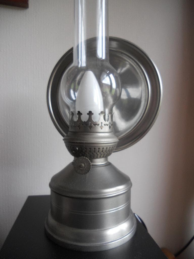 tafellamp zuiver tin Tiel, Huis en Inrichting, Lampen | Tafellampen, Ophalen, Gebruikt, Glas, Minder dan 50 cm