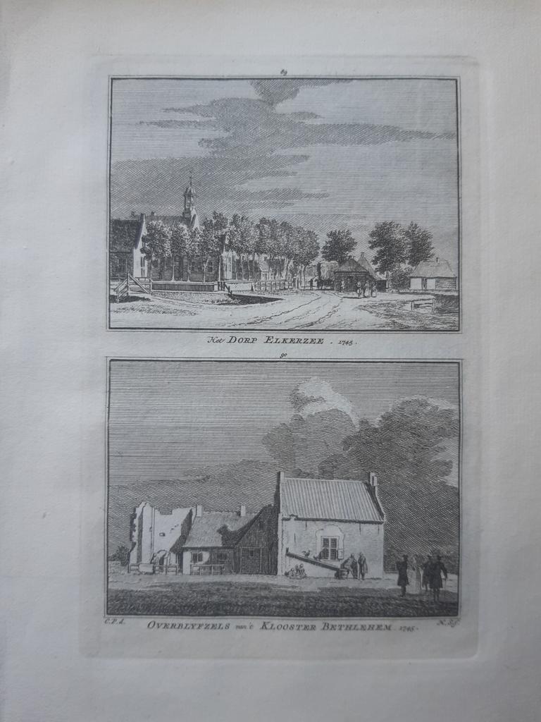 89-90*/ Dorp Elkerzee en klooster Bethlehem Gravure uit 1754, Ophalen of Verzenden