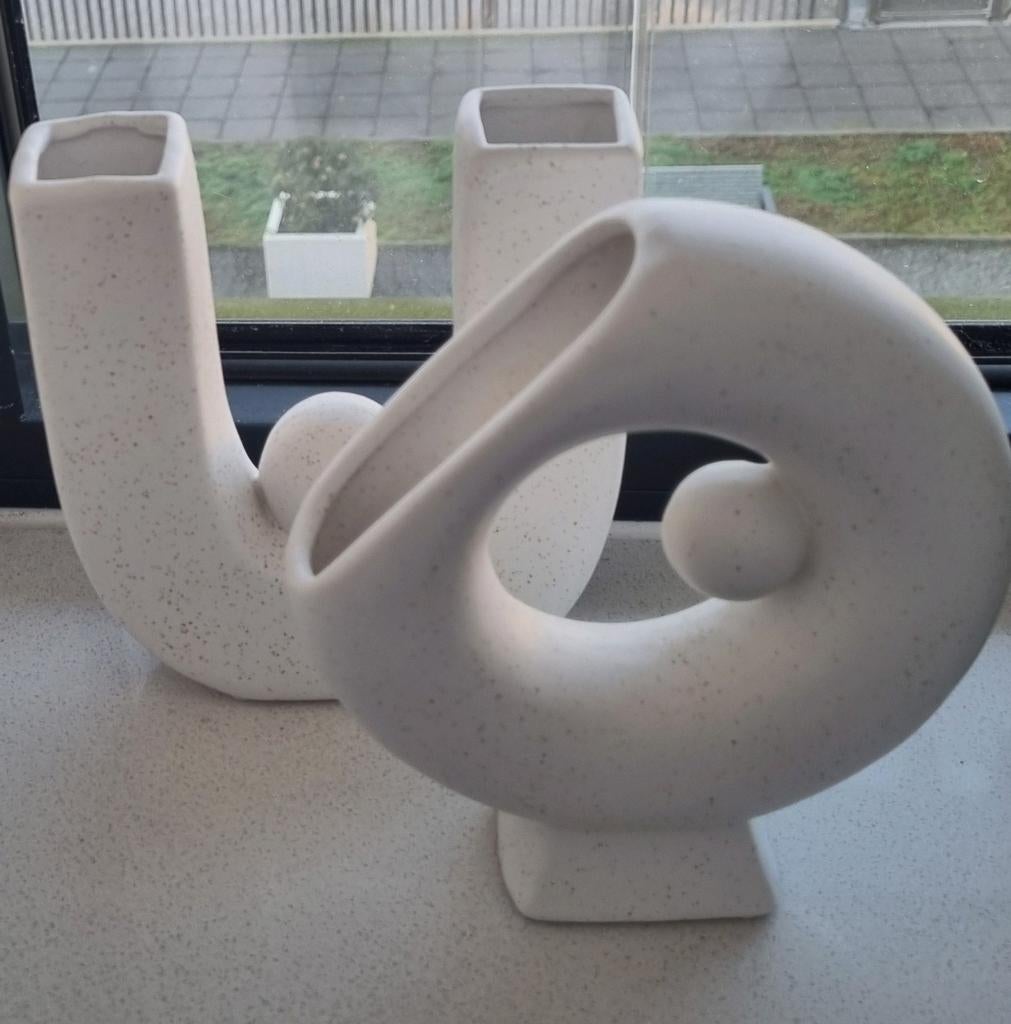 Moderne decoratieve vazen set - wit keramiek, Wit, Aardewerk of Porselein, Ophalen of Verzenden, Zo goed als nieuw