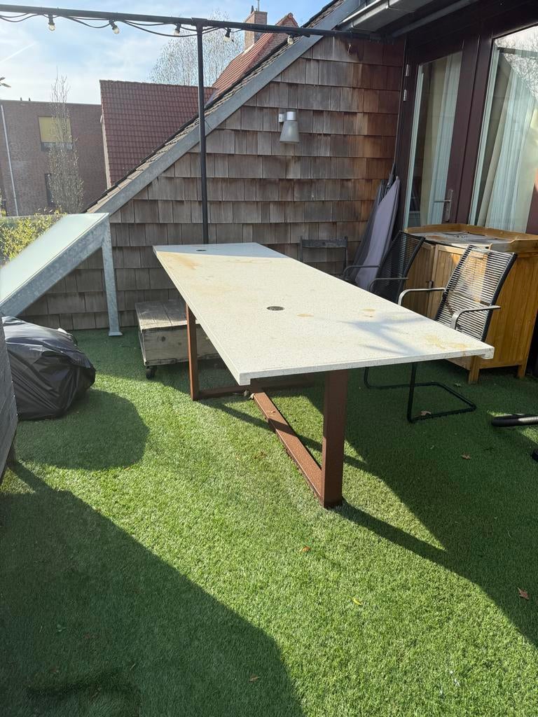 Grote composiet tafel met metalen frame (3.05 x 0.90m), Ophalen of Verzenden, Gebruikt, Rechthoekig, Metaal