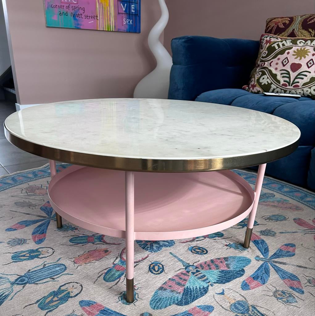 Salontafel met marmerblad en roze onderstel, 80cm, Ophalen, Overige materialen, Gebruikt, Rond