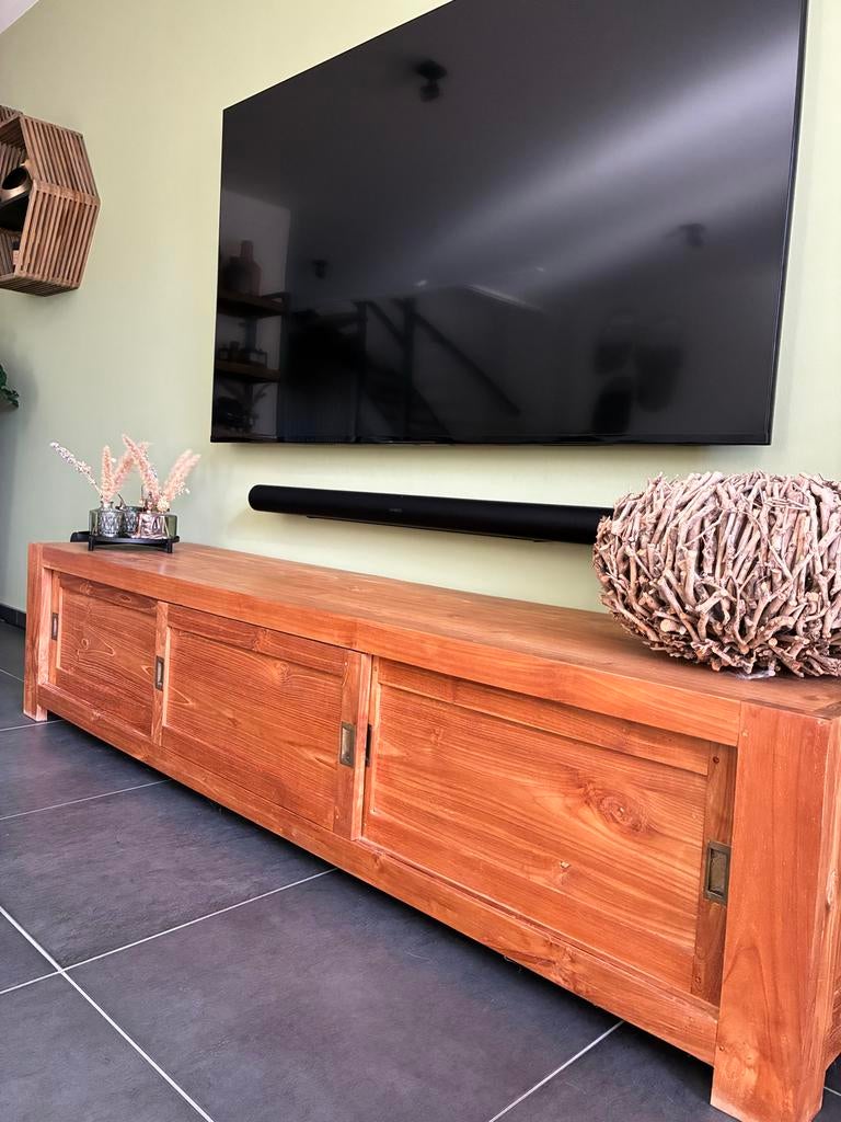 Teakhouten tv-meubel 2,20m, Huis en Inrichting, Kasten | Televisiemeubels, Ophalen, Gebruikt, Teakhout, 200 cm of meer