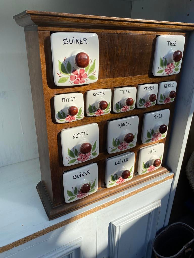 Vintage kruidenrek met keramische lades, Ophalen of Verzenden