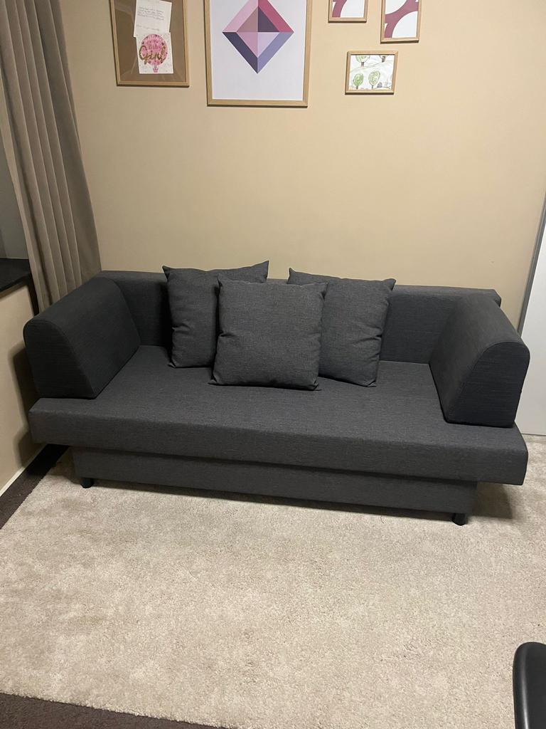 IKEA Asarum slaapbank + 2 zijsteunen + 2 extra zijkussens, Huis en Inrichting, Ophalen, Gebruikt, Tweepersoons, Grijs