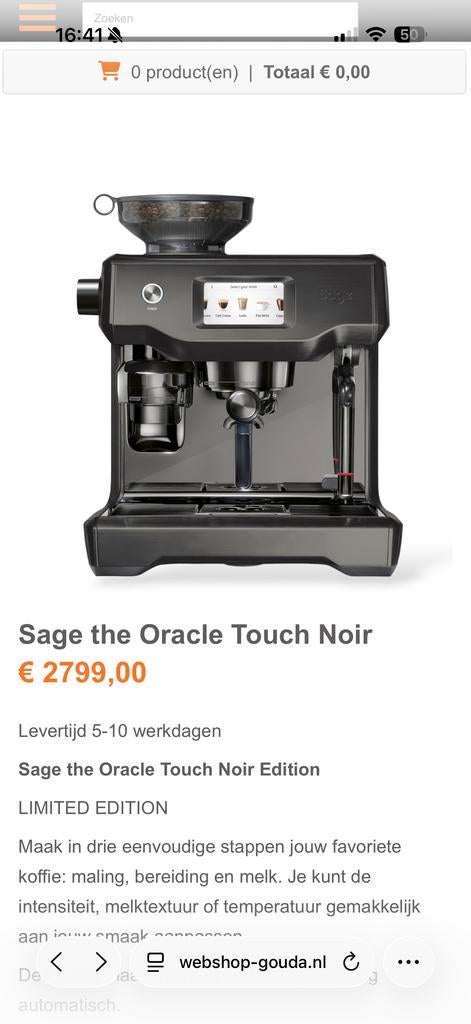 Sage Oracle Touch Noir Limited Edition Espressomachine, Witgoed en Apparatuur, Koffiezetapparaten, Afneembaar waterreservoir, Espresso apparaat