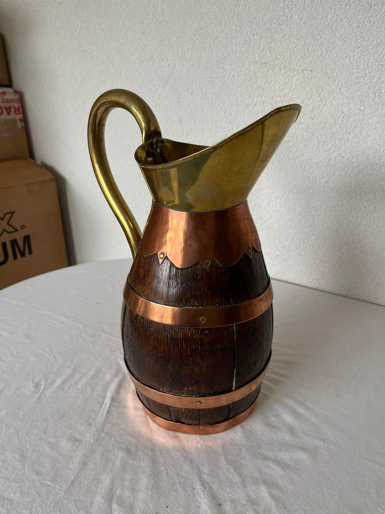 Vintage Houten Koperen Kan Schenkkan Oude Antieke Schenk, Ophalen of Verzenden