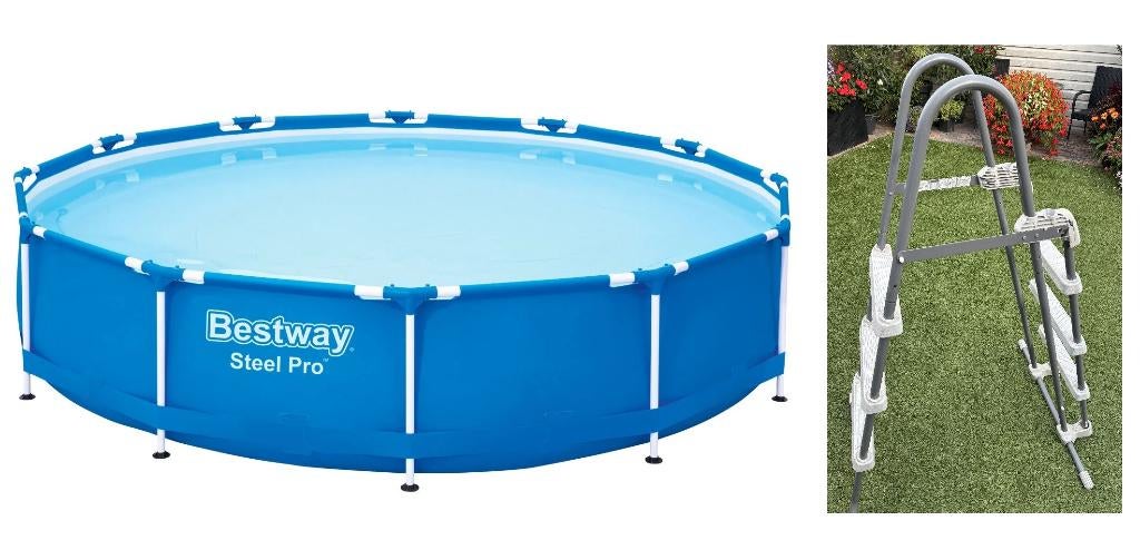 NIEUW ! BESTWAY STEEL PRO Zwembad 366 cm. met gebruikte trap, Ophalen, 80 tot 120 cm, Rond, Opzetzwembad