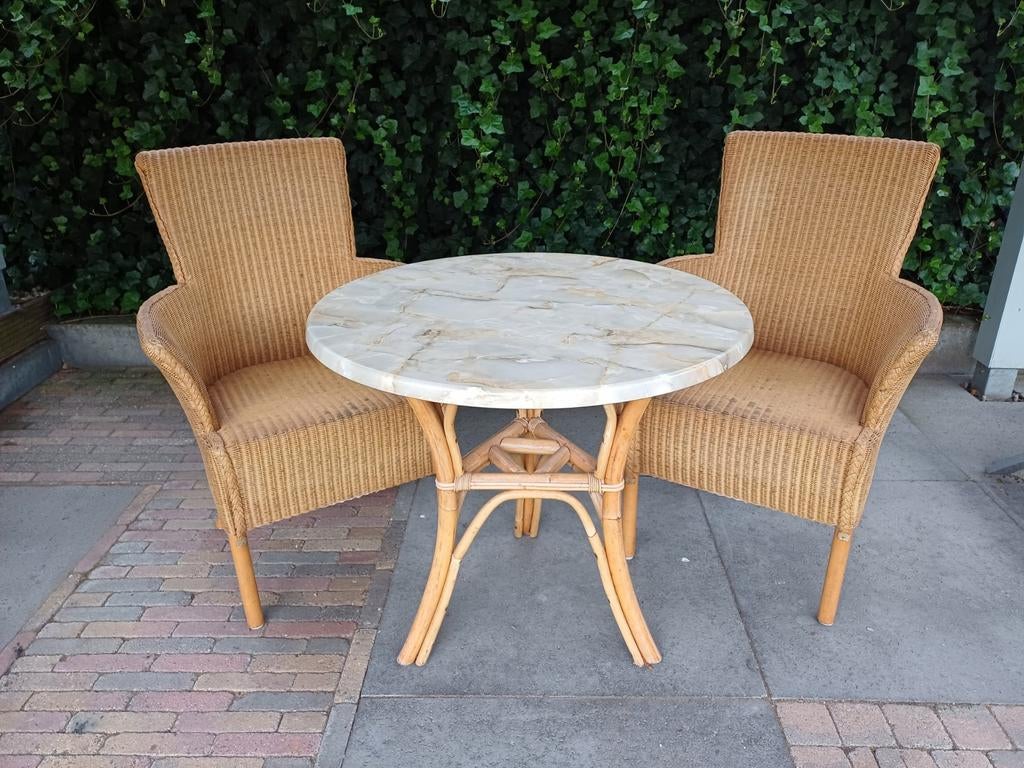 Origineel Lloyd Loom stoelen met marmerlook tafel., Ophalen, Twee, Overige kleuren, Riet of Rotan