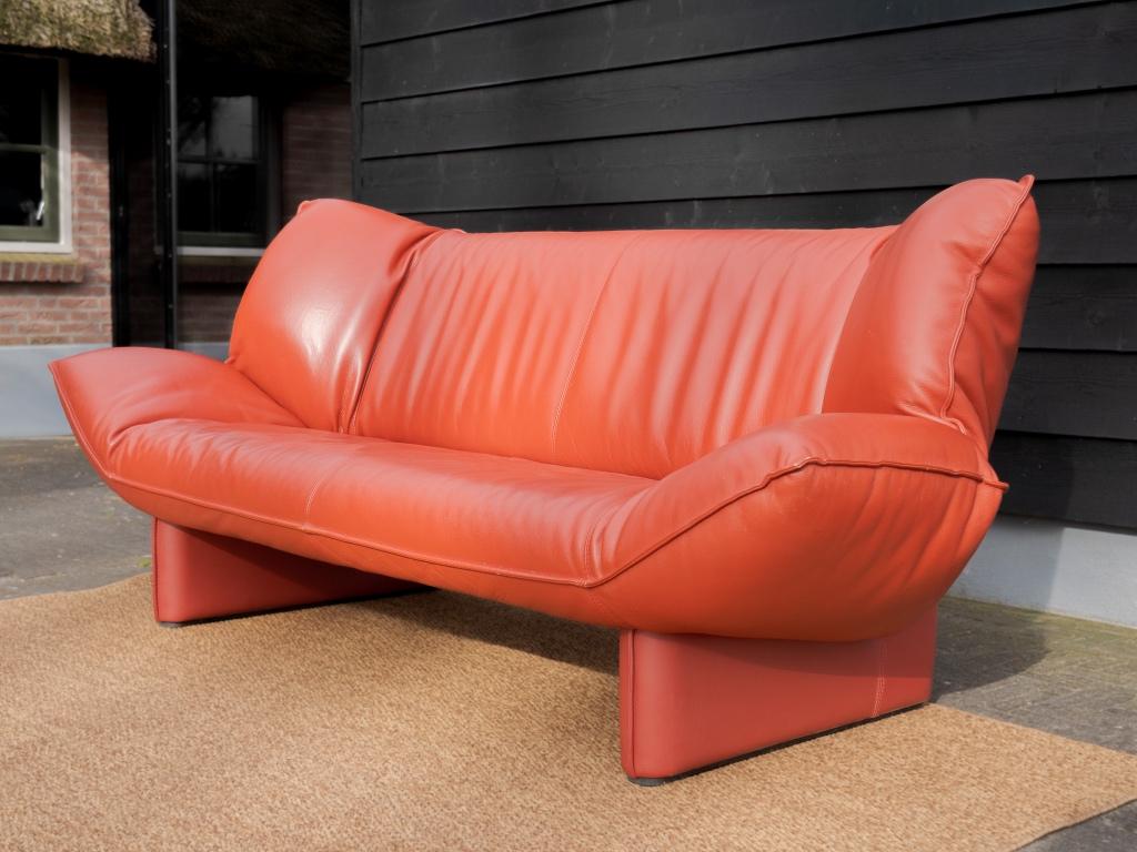 Leolux Tango | 3 zits design bank | Rood leer | Vintage, Gebruikt, Driepersoons, Ophalen of Verzenden, Rechte bank