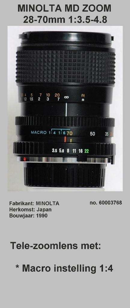 MINOLTA MD ZOOM 28-70mm 1:3.5-4.8, no. 22529, Ophalen of Verzenden, Zo goed als nieuw, Standaardlens, Zoom