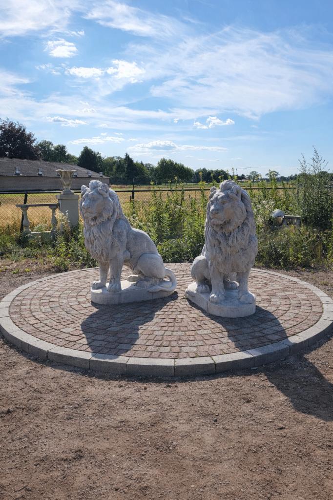 Kolossale set betonnen leeuwen