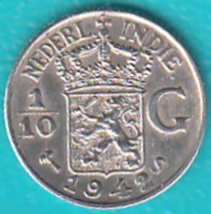 Nederlands-Indië 1/10 gulden 1942 S Wilhelmina zilver, Zilver, Ophalen of Verzenden, 10 cent, Koningin Wilhelmina