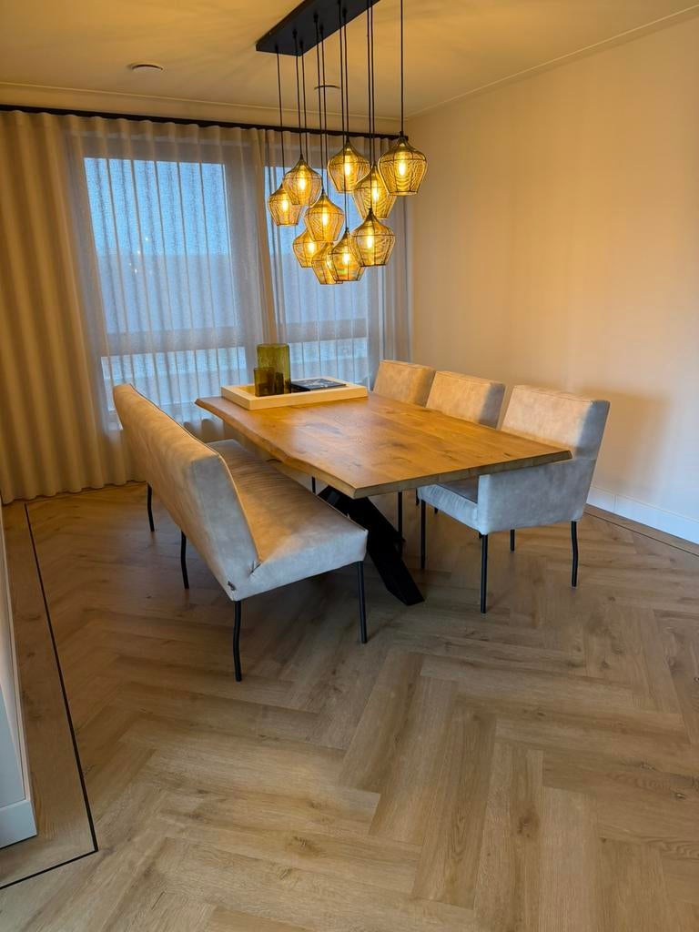 Luxe design eettafel set – stoelen en bank, Huis en Inrichting, Tafels | Eettafels, Ophalen, 100 tot 150 cm, Luxe en modern, 200 cm of meer