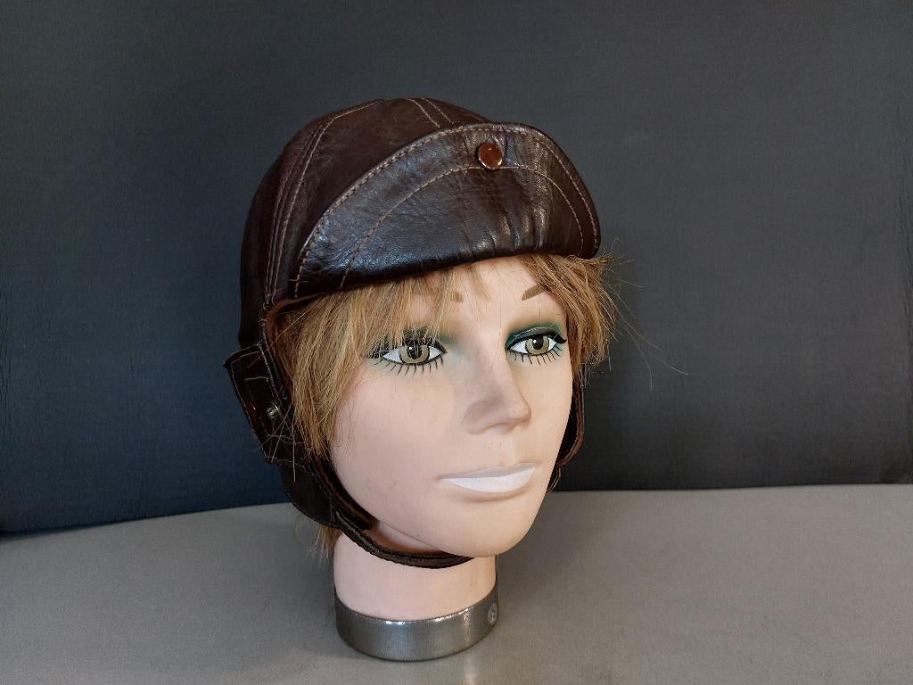Vintage motorkleding leren Piloten cap, Ophalen of Verzenden, Dames