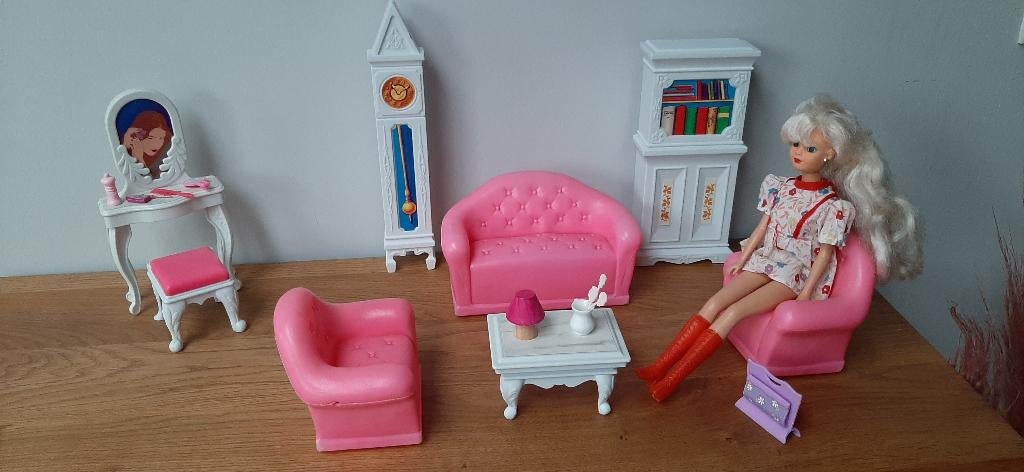 vintage barbie met woonkamer meubels 1990, Ophalen of Verzenden, Gebruikt, Overige typen