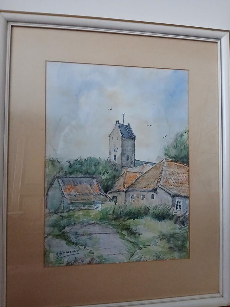Schilderij met dorpsgezicht en kerktoren Garnwerd, Antiek en Kunst, Ophalen