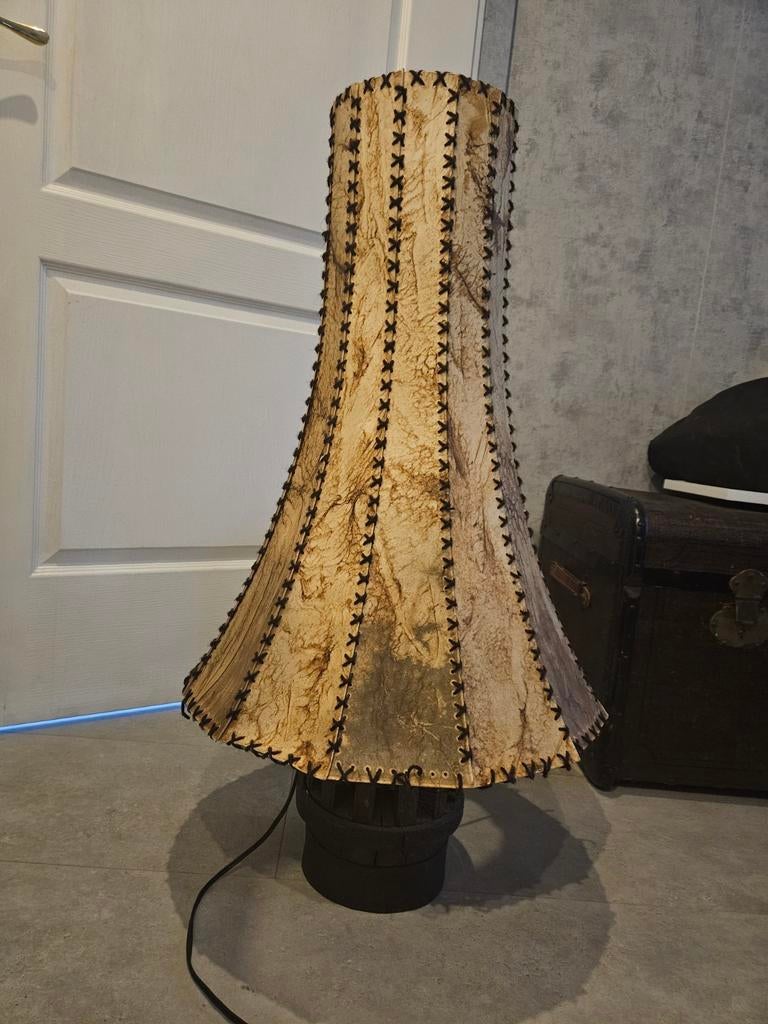 Vintage Karrewiel Lamp met Leren Kap, 60+ jaar, Ophalen of Verzenden