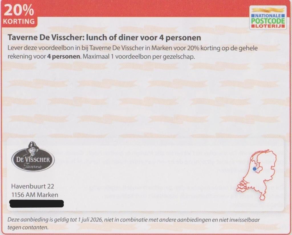 Taverne De Visscher: Lunch en diner. Marken. 20% korting., Drie personen of meer, Kortingsbon