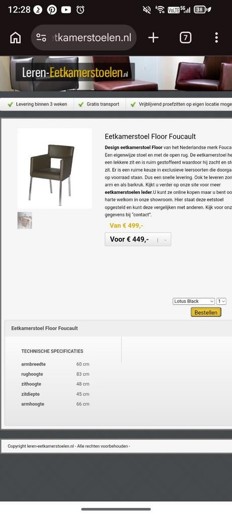 4 design Foucault stoelen leer bruin, Ophalen of Verzenden, Gebruikt