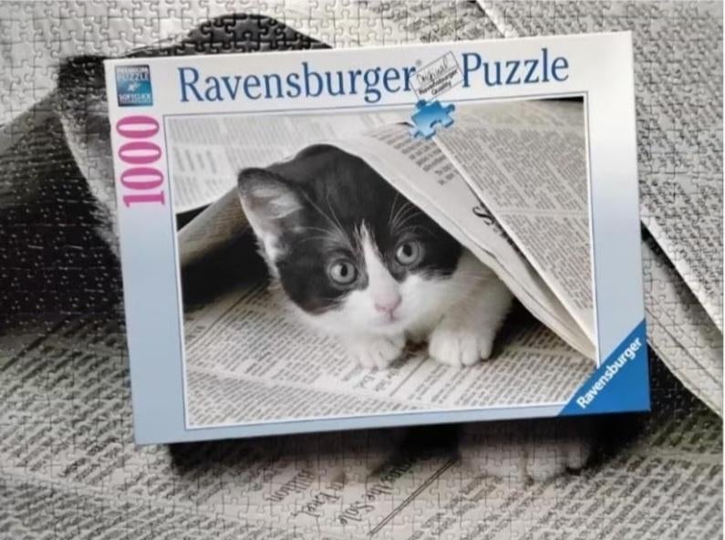 Ravensburger puzzel 'nieuwsgierig katje', Ophalen, 500 t/m 1500 stukjes, Zo goed als nieuw, Puzzelboek