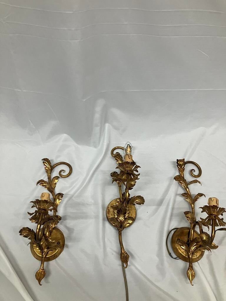 3 florale wandlampen Hollywood Regency rococo, Huis en Inrichting, Lampen | Wandlampen, Ophalen of Verzenden, Gebruikt, Metaal