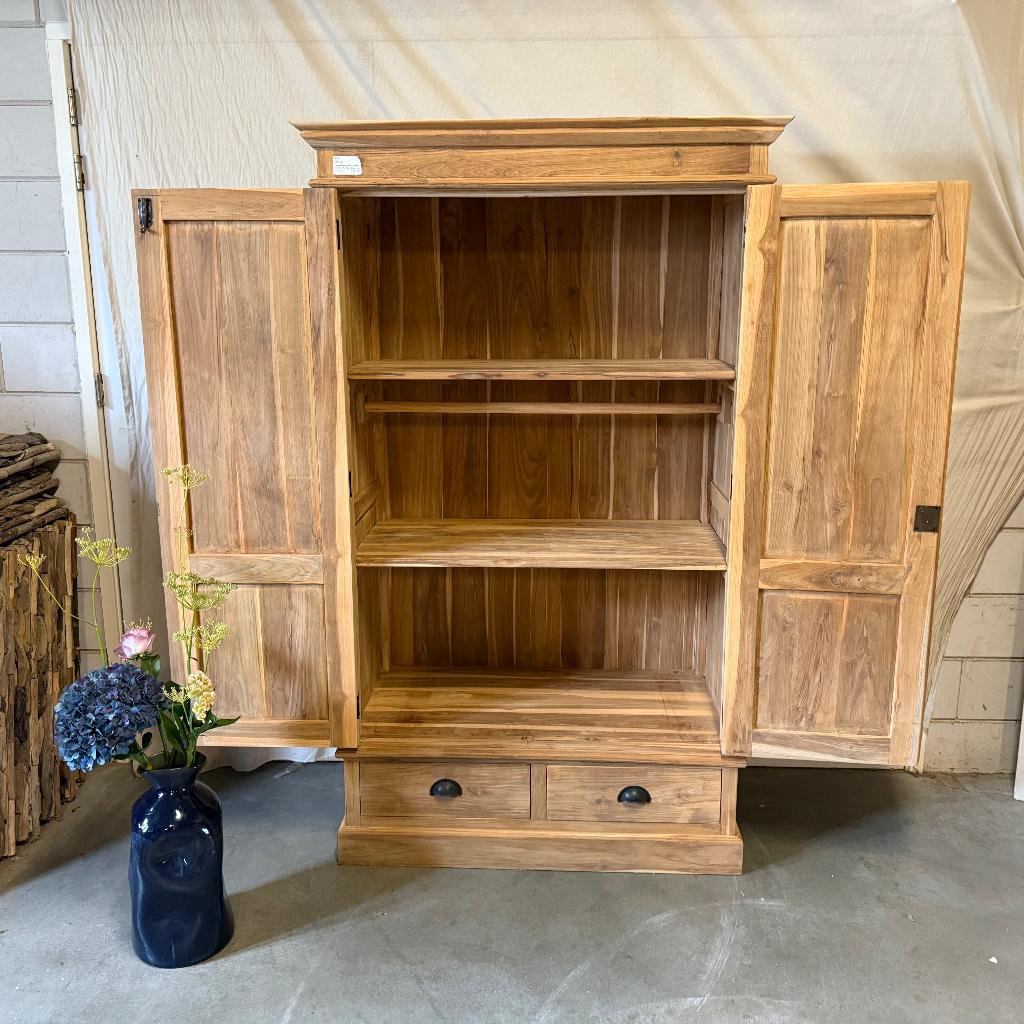 Kledingkast - 3 planken - 2 lades - massief teak - TTM Wonen, Met deur(en), TTM Wonen, Meubels – (Perzische) Tapijten en Woonaccessoires