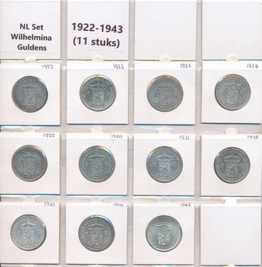 Nederland complete set 1922-1943 zilveren Wilhelmina guldens, 1 gulden, Setje, Zilver, Ophalen of Verzenden
