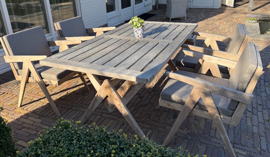 Mooie Detjer design teaken tuinmeubelset te koop, Tuin en Terras, Tuinsets en Loungesets, Ophalen, Bank, 6 zitplaatsen, Teakhout