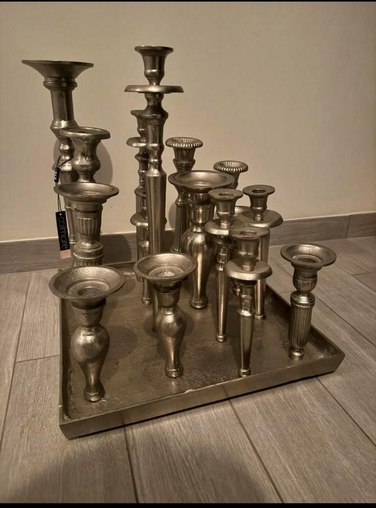 Colmore dienblad met diverse gietijzeren kandelaren, Huis en Inrichting, Ophalen, Gebruikt, Metaal, Grijs