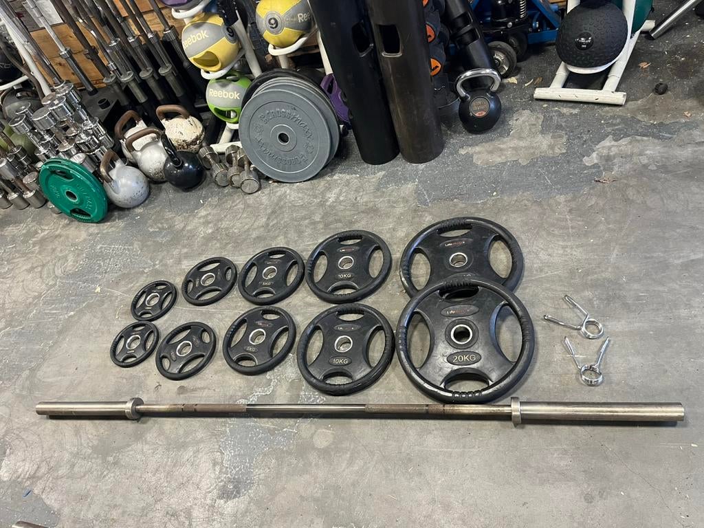 Olympische halter stang met Lifemaxx 77,5 kg schijven, Sport en Fitness, Fitnessmaterialen, Ophalen, En stang, Lifemaxx, Halterset