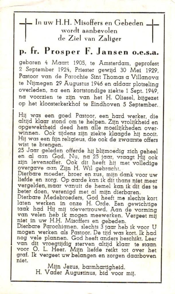 Jansen Prosper F. p. fr. Amsterdam 1905-1949 Nijmegen, Verzamelen, Bidprentjes en Rouwkaarten, Ophalen of Verzenden