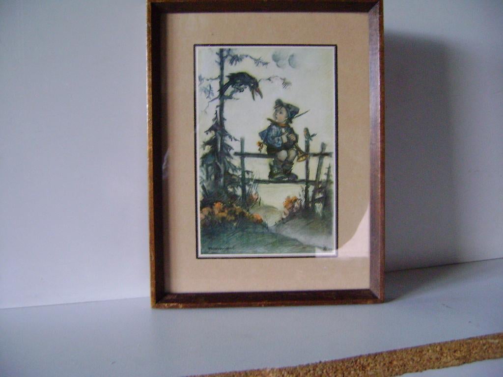 Leuk Hummel schilderijtje.Jongetje met trompet.Afm 21x16cm, Ophalen of Verzenden, Huis en Inrichting