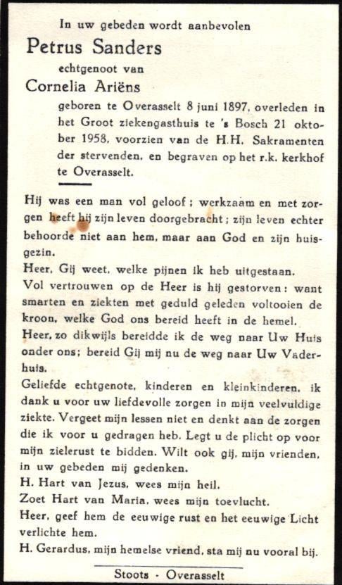 Sanders Petrus 1897-1958 Overasselt, Ophalen of Verzenden