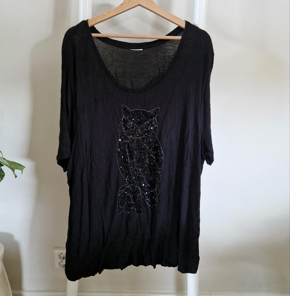 Zwart T-shirt met uil print glitter maat 48/50 magna paola, Kleding | Dames, Ophalen of Verzenden, Onbekend, Gedragen, Blouse of Tuniek