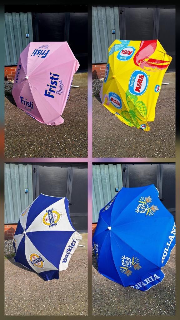 Vrolijke vintage reclame parasol, parasols, div. soorten🌞, Ophalen, Verstelbaar, Gebruikt, .
